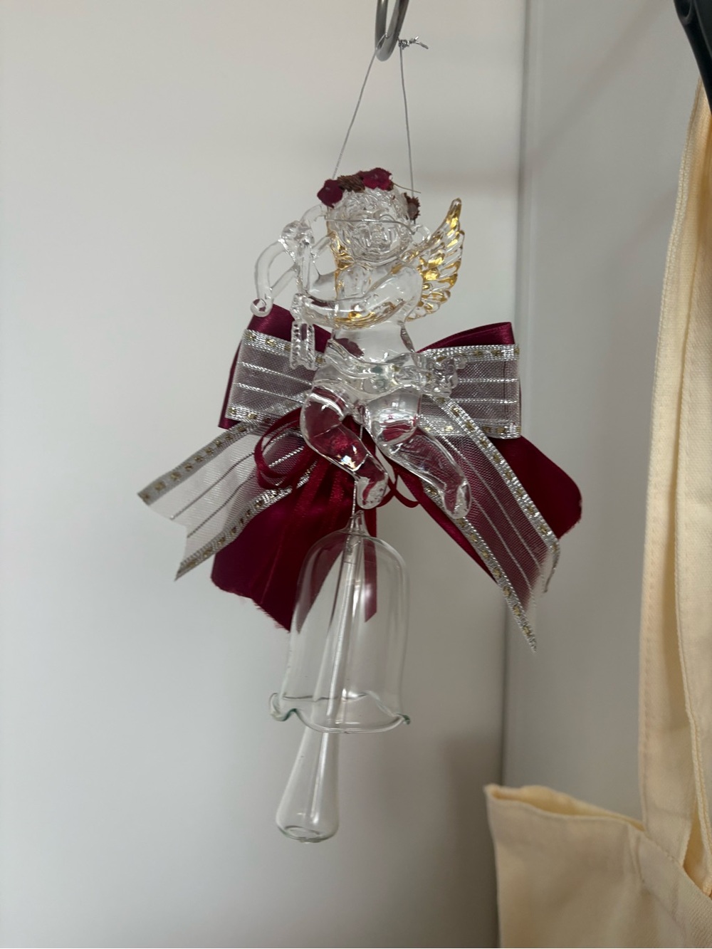 Glass Angel Bell Ornament with Burgundy Ribbon - Holiday Home Decor